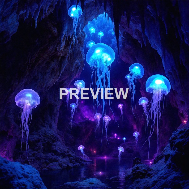 The image depicts an underwater scene inside a dark cave illuminated by numerous bioluminescent jellyfish glowing in shades of blue and purple, floating and drifting through the water amidst stalactites and stalagmites.